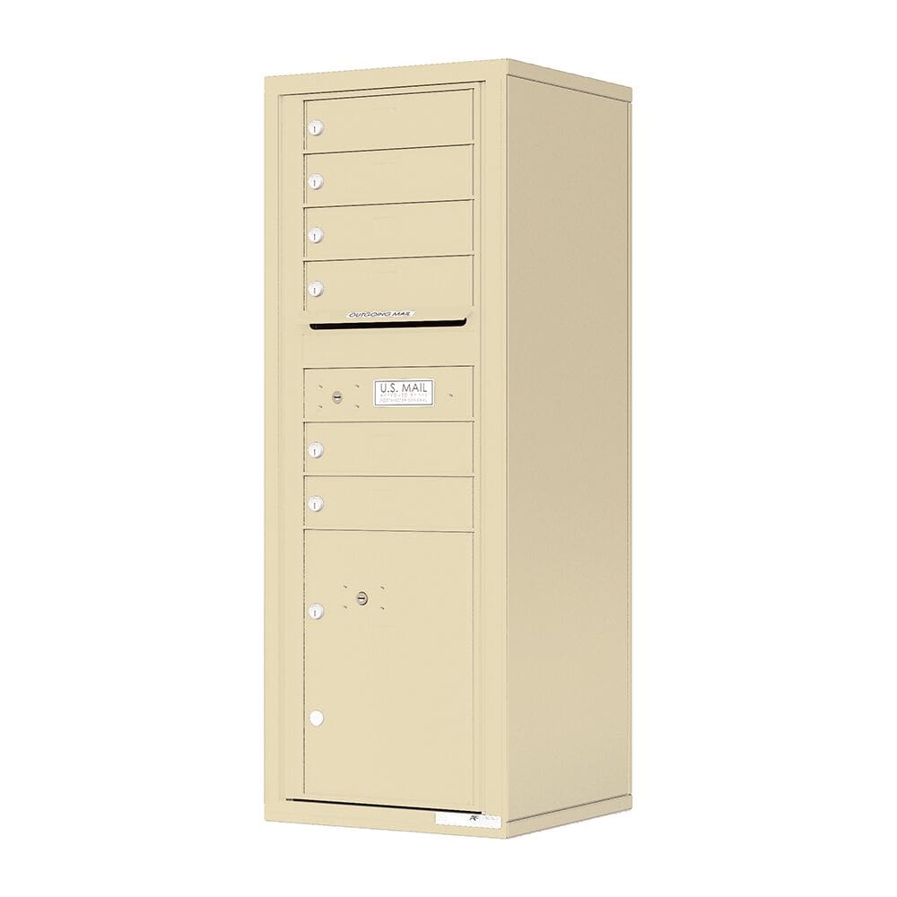 Tall beige postal box with locks.