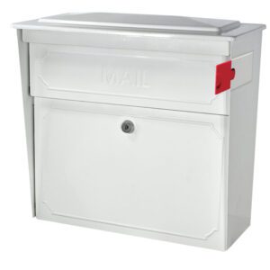 White wall-mounted mailbox with red flag