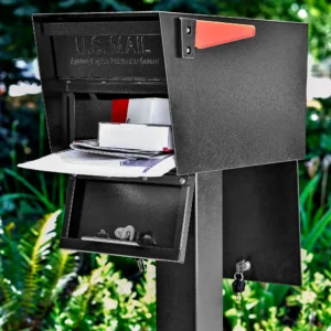 Open black mailbox filled with letters and envelopes.