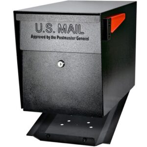 A black U.S. Mail mailbox with a red flag and lock.
