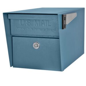 A blue metal mailbox with a lock and mail slot.