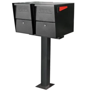 Secure black mailboxes with red flag