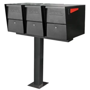 Black metal mailboxes on a stand