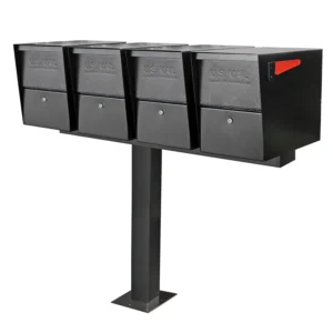 Cluster of black mailboxes on post