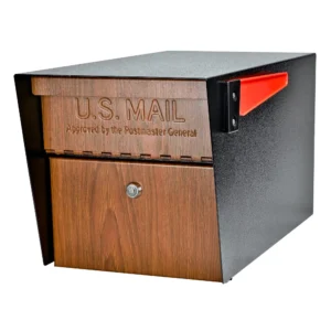 A black and wood-finish USPS mailbox with a red flag.
