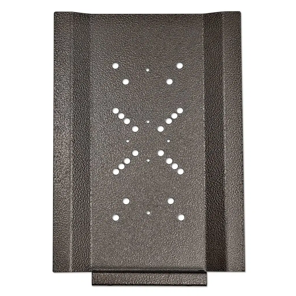 Metal bracket with perforated holes and textured surface.