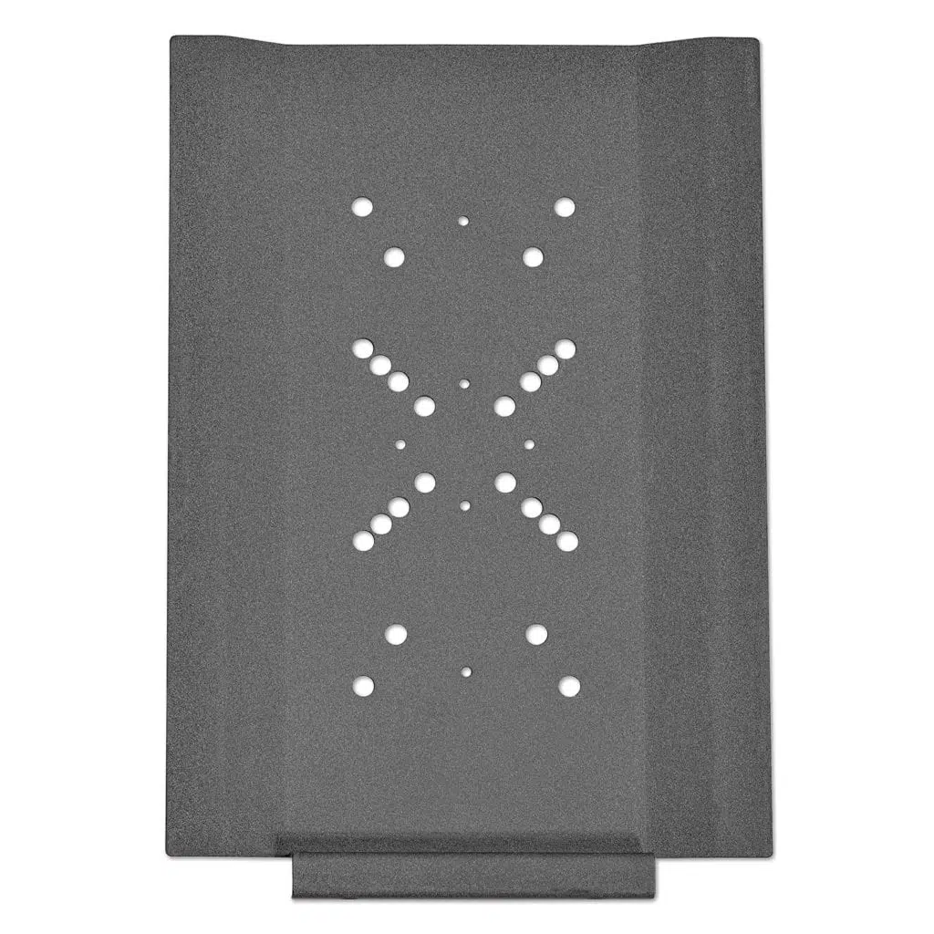 Black metal bracket with multiple drilled holes in an X pattern.