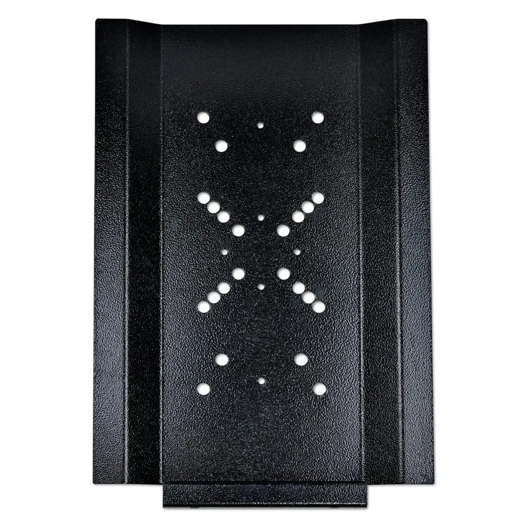 Black rectangular object with symmetrical white holes forming an X pattern.