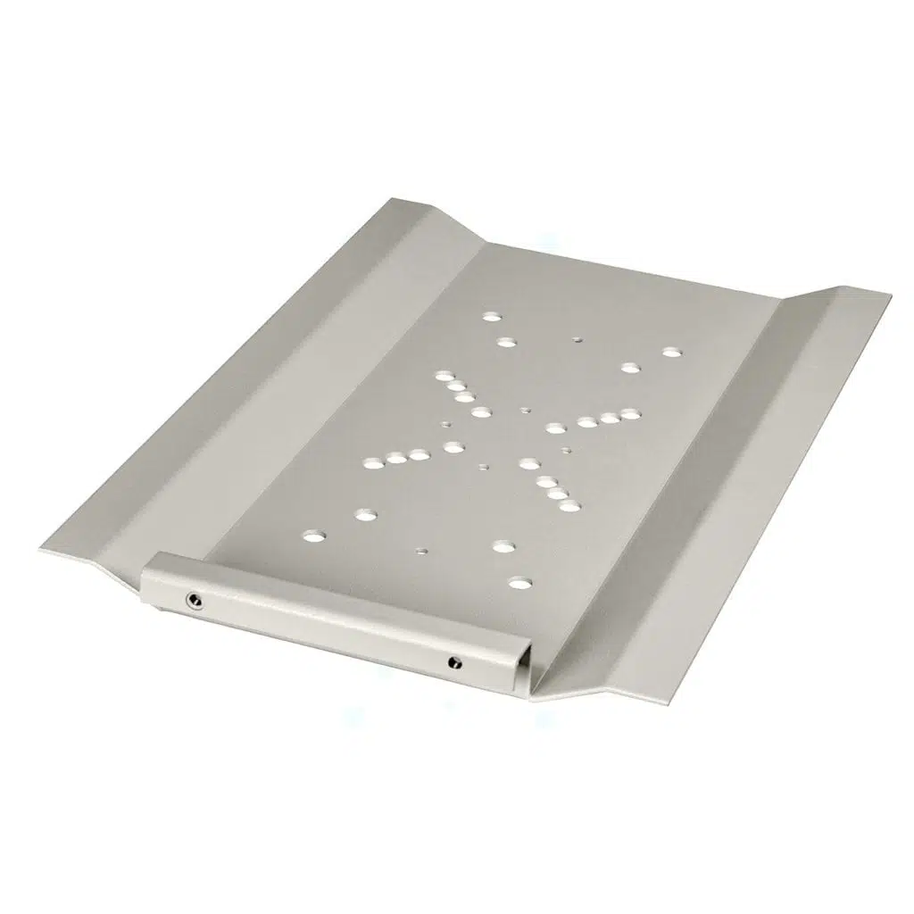 Metal mounting bracket with perforated holes and flanges.