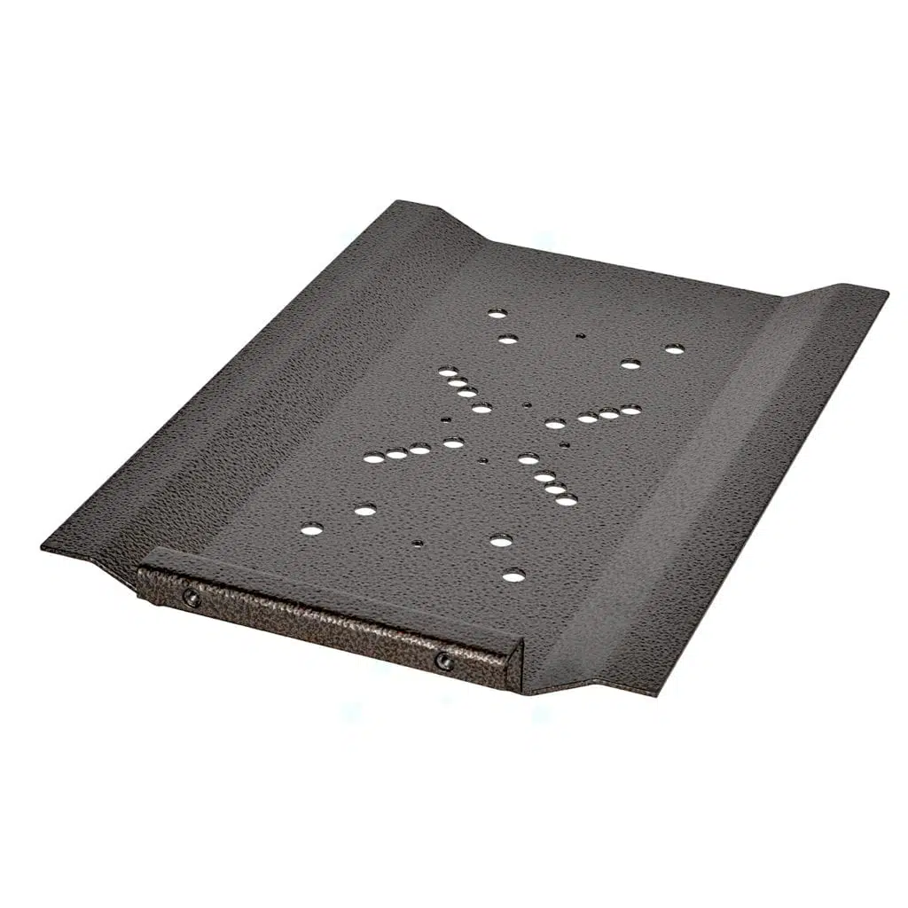 Black metal tray with perforated holes and raised edges.