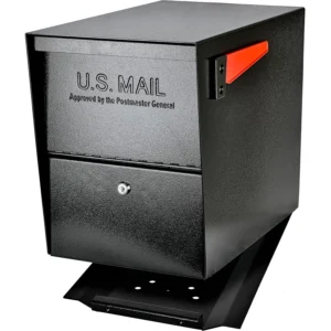 Black secure U.S. Mailbox with red flag and lock.