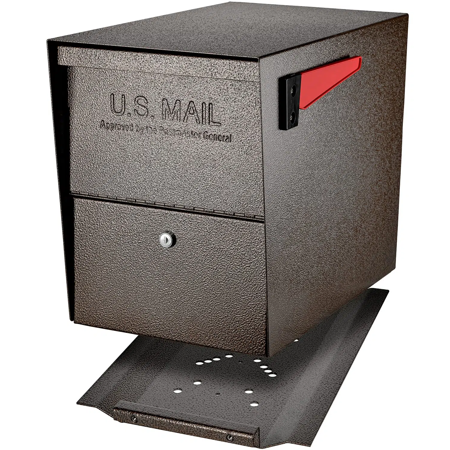 A black metal U.S. mailbox with a red flag and lock.