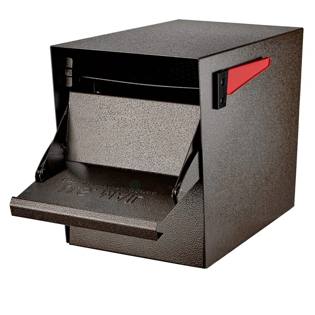 A black ballot box with a red slot and an open drawer.