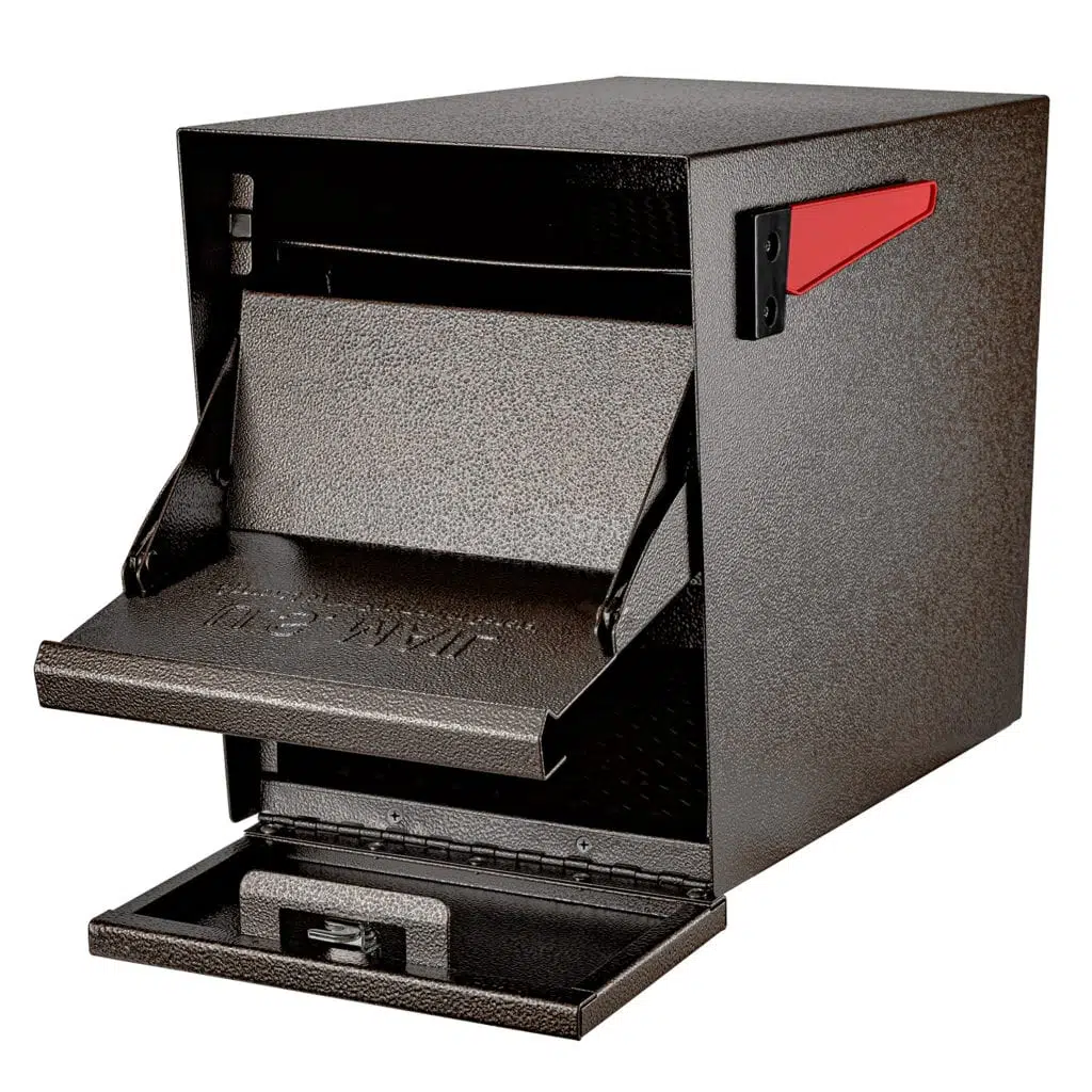 Black document shredder with a red accent and pull-out bin.