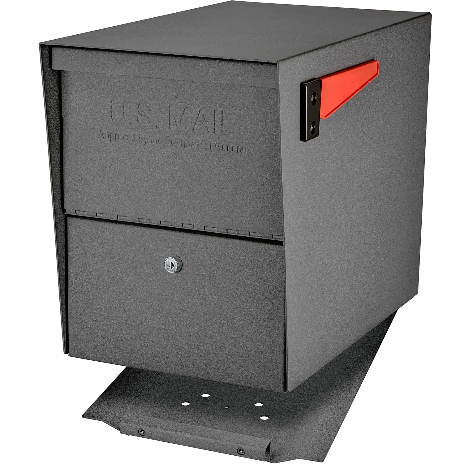 Black and red secure mailbox with lock and mounting plate.