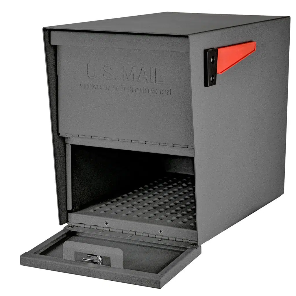 A gray mailbox with an open door and red flag.