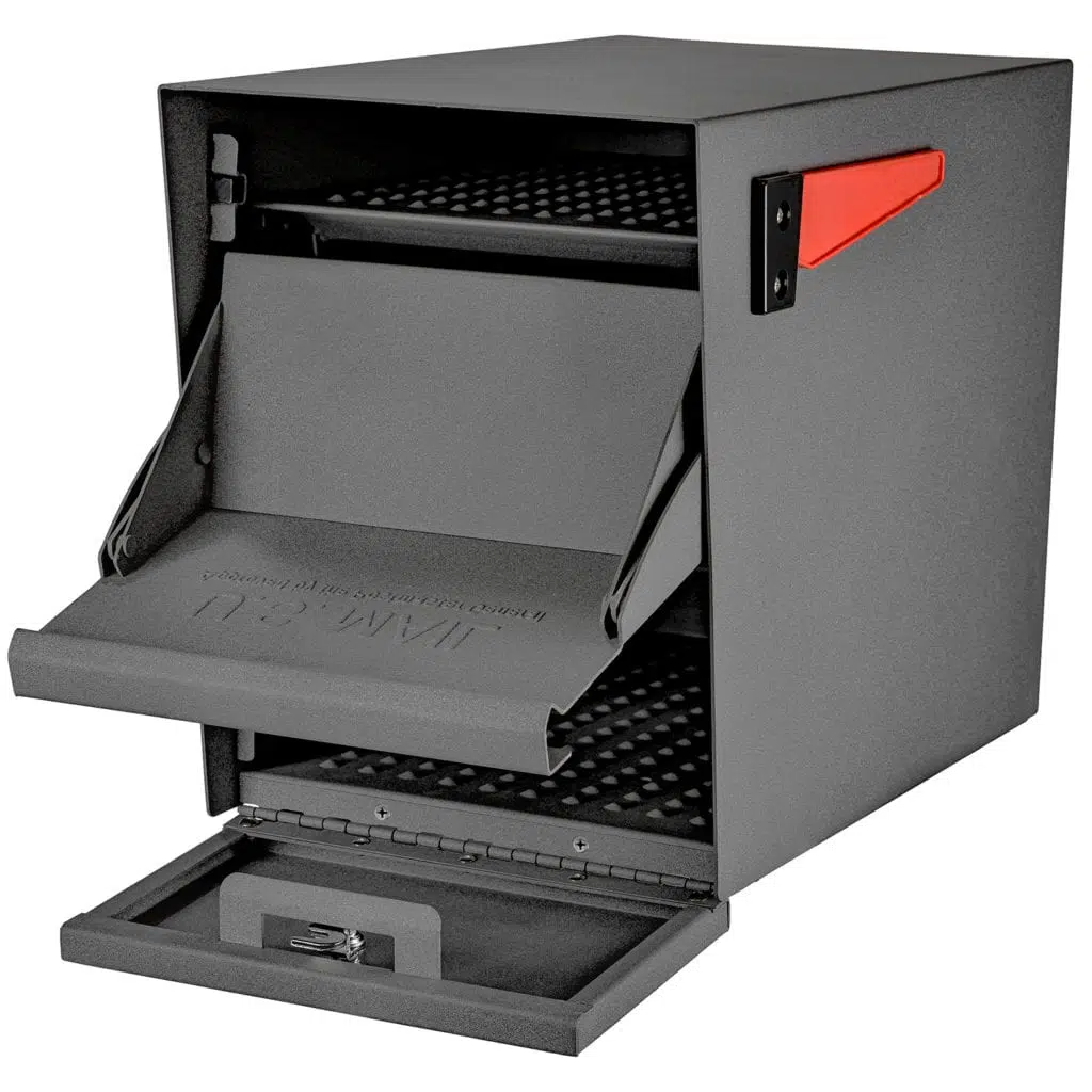 Black and red steel mailbox with open compartments.