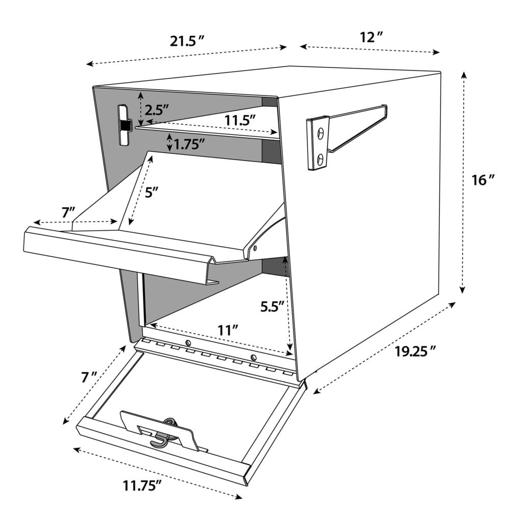 Technical drawing of a multi-level storage or utility box with dimensions.