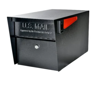 Black USPS mailbox with a red flag and lock.