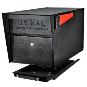Black U.S. Mail mailbox with a red flag and lockable door.