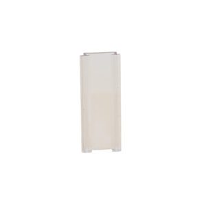 Transparent vertical plastic container, white background.