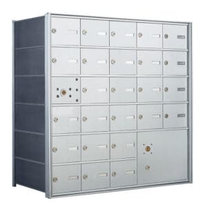 Industrial locker unit with metal doors.
