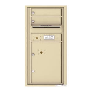 Beige U.S. mailbox with outgoing slot.