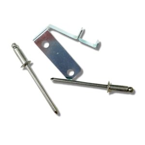 Metal rivets and brackets on white background.