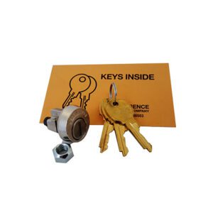 Keys and lock with orange envelope.