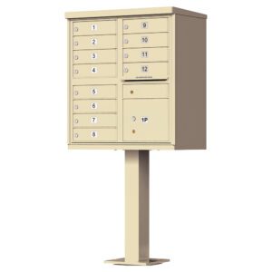 Cluster mailbox with numbered compartments on stand.