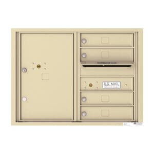 Beige wall-mounted postal mailbox unit.