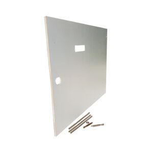 Metal panel with screws and cutouts.