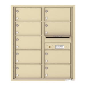 Beige U.S. Mailboxes with multiple compartments.
