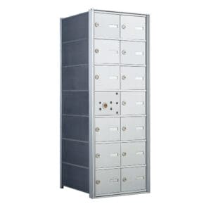 Tall gray storage locker unit with locks