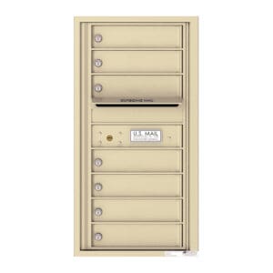 Tan metal mailboxes with multiple compartments.