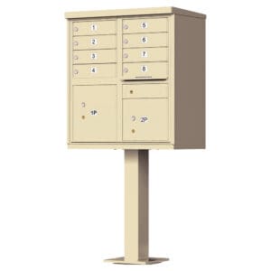 Cluster mailbox with multiple numbered compartments.