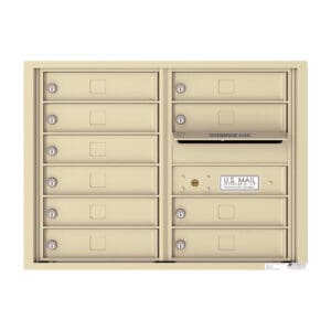Beige wall-mounted postal mailbox with slots.