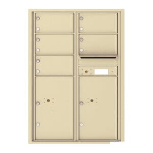 Beige multi-unit mailbox for apartments.