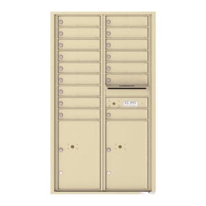 Vertical beige mailbox unit with multiple slots.