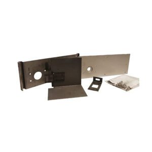 Metal mounting bracket with screws and components.