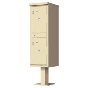 Tan dual-compartment outdoor parcel locker.