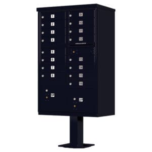 Black multi-unit mailbox on stand.
