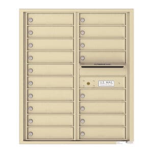 Clustered beige mailboxes with outgoing mail slot.