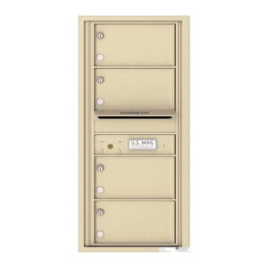 Beige multi-unit postal mailbox with slots.
