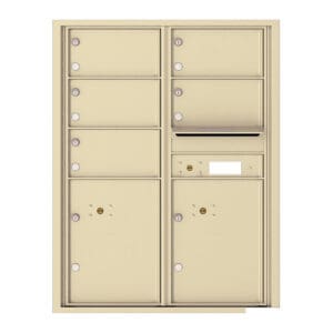 Beige cluster mailbox with multiple compartments.