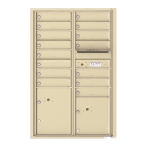 Beige multi-unit mailbox with compartments