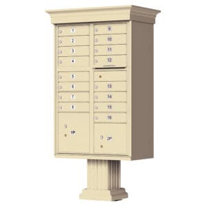 Cluster mailbox with multiple numbered compartments.