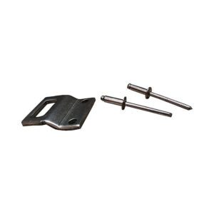 Metal bracket and two rivets isolated.