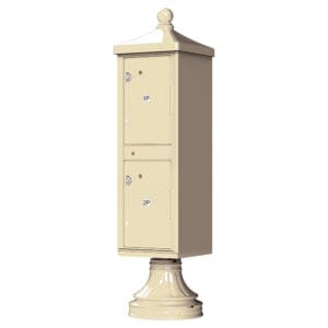 Cream-colored vertical mailbox with two compartments.
