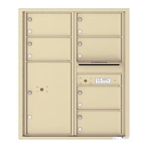 Beige multi-unit U.S. mail delivery box.